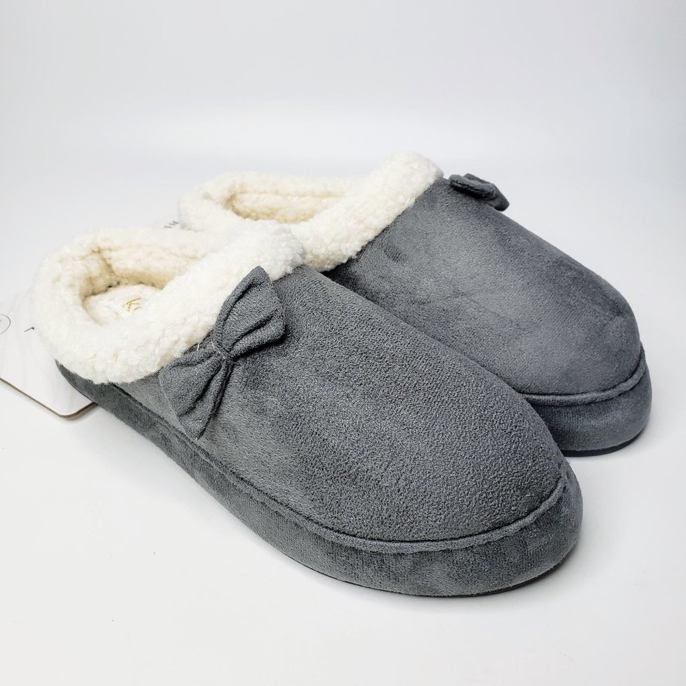 NWT Kooba‎ Memory Foam Slippers Women Grey Bow Front Furry Ankle Comfy Home L
